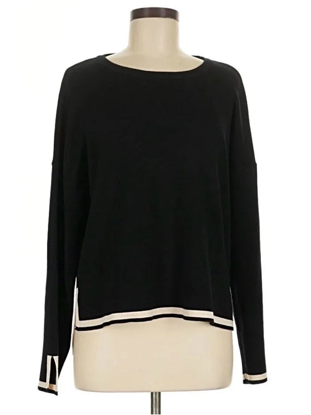 Classic Black Long-Sleeve Knit Top with Contrast Trim